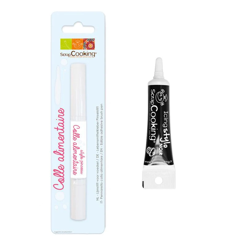 Stylo pinceau colle alimentaire 2 ml + Stylo de glaçage noir Scrapcook