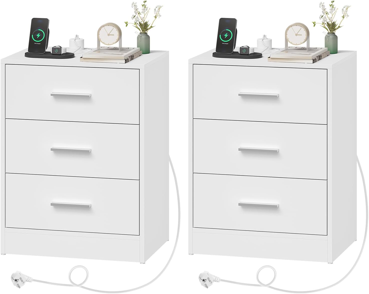 WOLTU Nachttisch 2er Set, Beistelltisch mit Ladefunktion, Steckdose, 3 Schubladen, Nachtschrank, Nachtkästchen für Schlafzimmer, Wohnzimmer, Flur, Büro, Modern Weiß