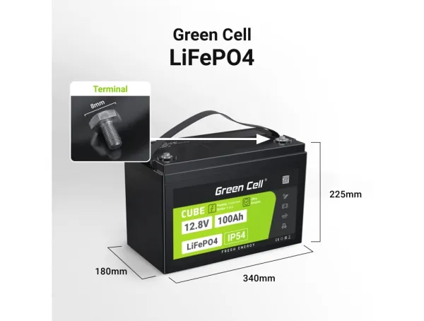 Green Cell LFPGC12V100AH, Lithium jern fosfat (LiFePO4), 12,8 V, Sort, Grøn, 100 At, 1280 Wh, 10 År