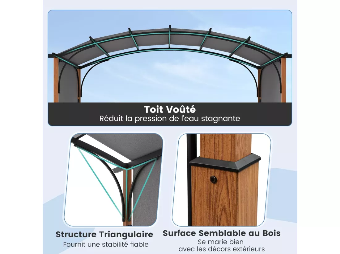 Pergola Rétractable d'Extérieur 300 x 360 CM, Pergola Métallique à Arcs pour Patio avec Auvent Rétractable Poteaux Aspect Bois, Tonnelle Treillis pour Jardin Patio Porche Cou (Gris)