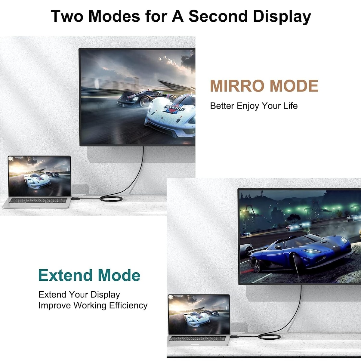 NÖRDIC 10m nylonflettet Displayport 2.1-kabel DP40 UHBR10 40Gbps 8K30Hz 4K144Hz
