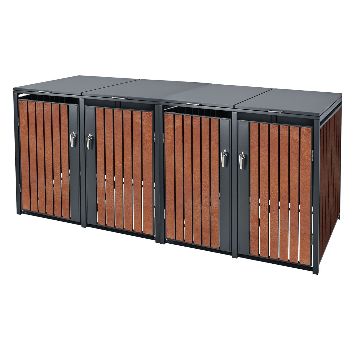 ML-Design 4-baks afvalcontainerbehuizing, 4 bakken, 240L, 264x80x116,3cm, antraciet roestlook, staal/cortenstaal, afsluitbare afvalcontainerdeksel met scharnierend deksel/4 deuren, afvalbakbox, afvalcontainer, afvalbakdeksel