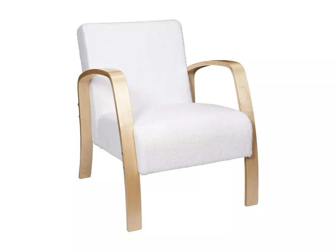 KAUPA - Fauteuil en Tissu Bouclettes Blanc Accoudoirs Bois
