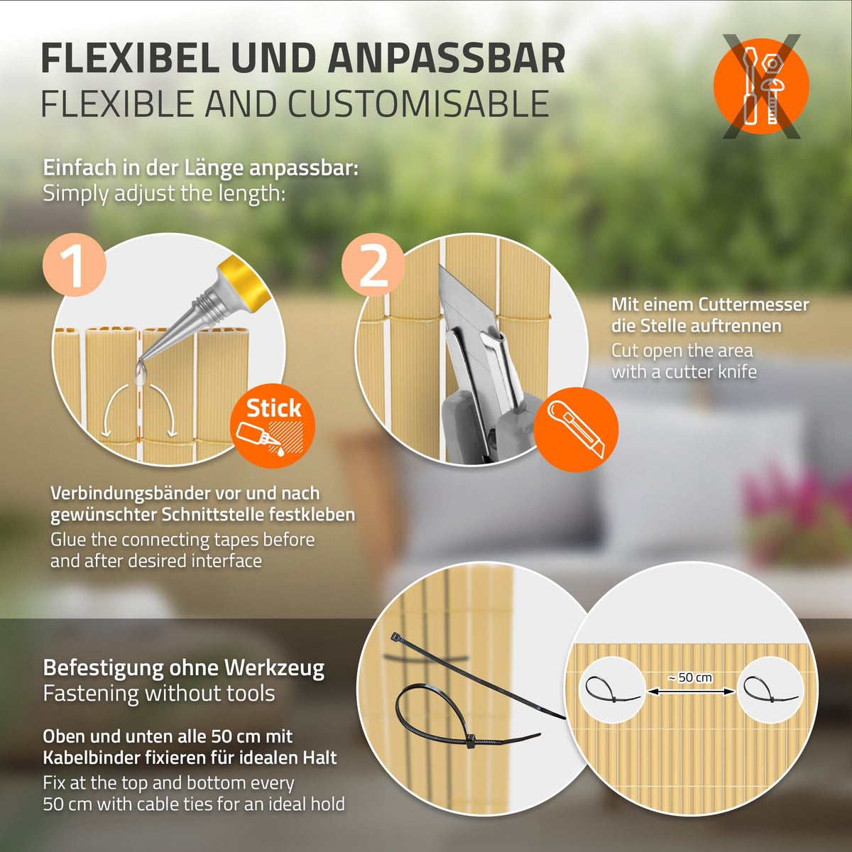ECD Germany PVC-inkijkschermmat 80x400 cm, bamboe, inkijkscherm met 3-voudige wapening, UV-bestendig, waterdicht, windwerend, balkonbekleding, schuttingscherm, inkijkscherm voor tuin, balkon, terras