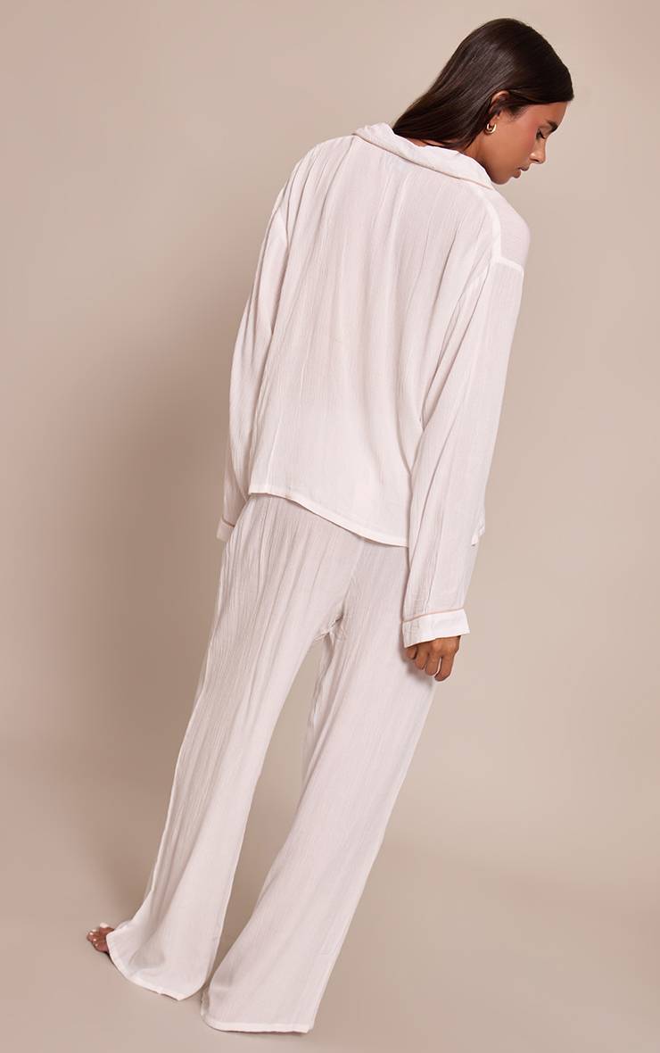 Blanc Ensemble Pyjama Long Froissé À Passepoil Contrasté