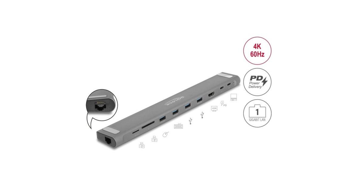 DeLOCKUSB Type-C Slim Dockingstation  (Grijs, HDMI, 4x USB-A 3.2 (5 Gbit/s), USB-C 3.2 (5 Gbit/s), MicroSD, SD, TB 3, RJ-45)