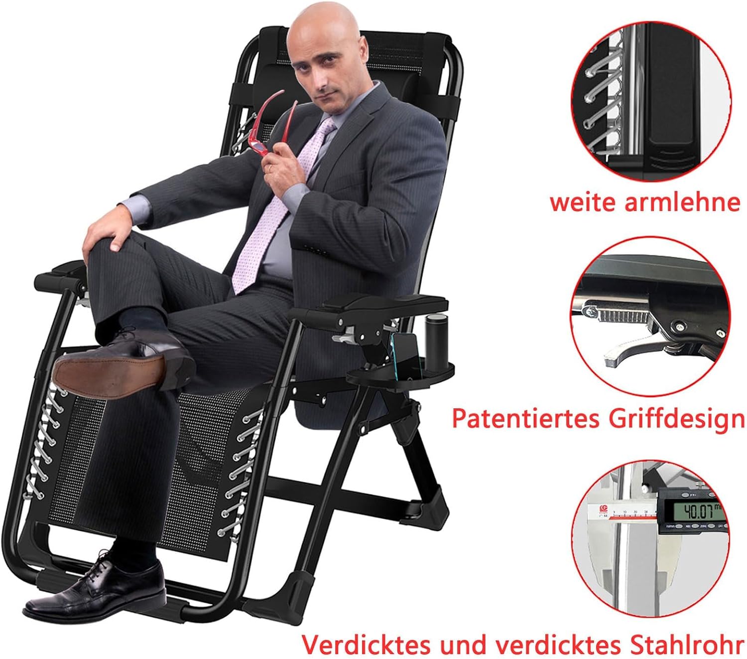 Gartenliege Klappbar Sonnenliege Relaxliege für Balkon, Klappbarer liegestuhl 200kg Tragfähigkeit, Gartenstuhl mit liegefunktion Liegestuhl, XXL Verstellbar Zero Gravity Chair (Schwarz, 83cm)