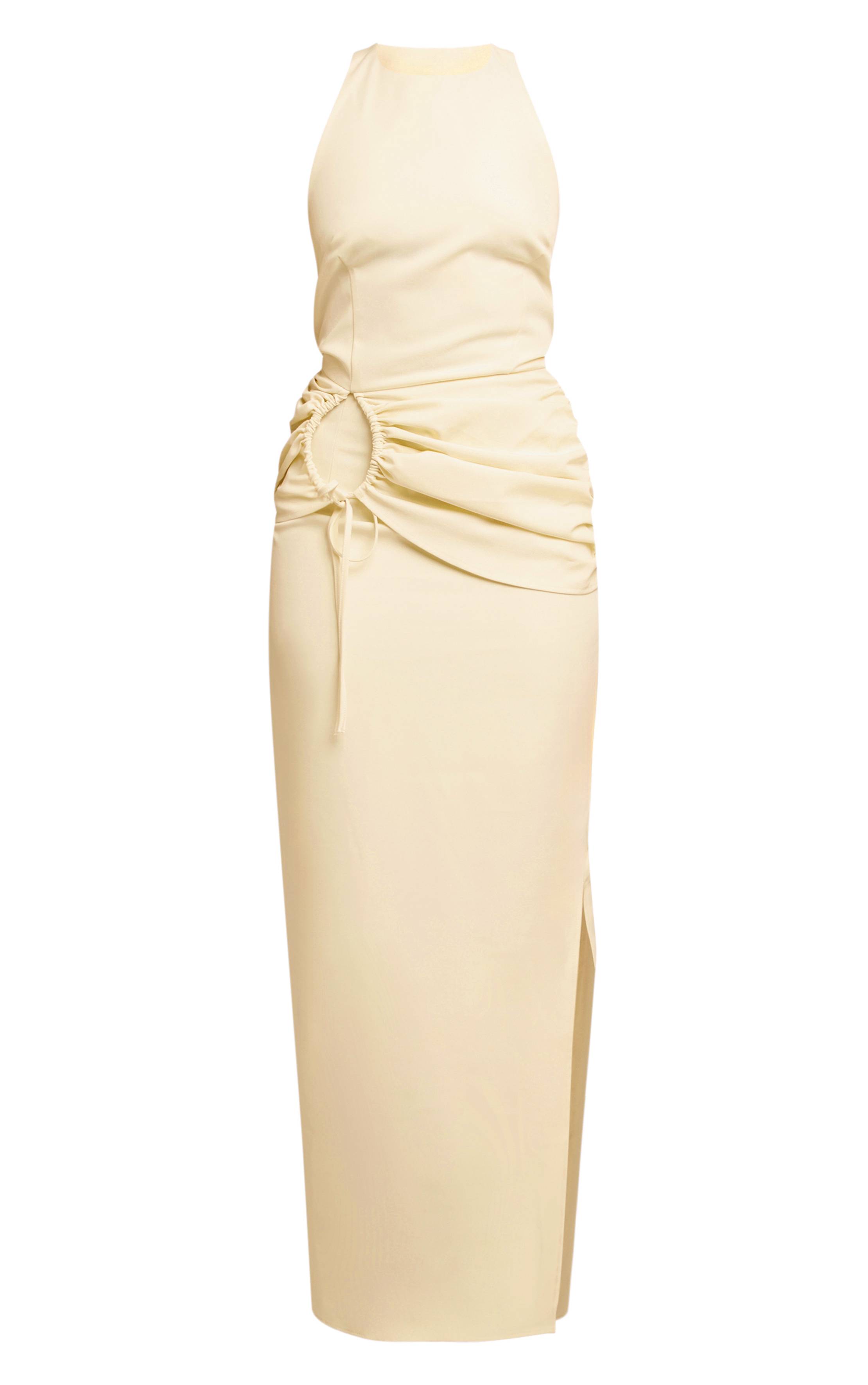 Crème Robe Longue Froncée À Col Nageur