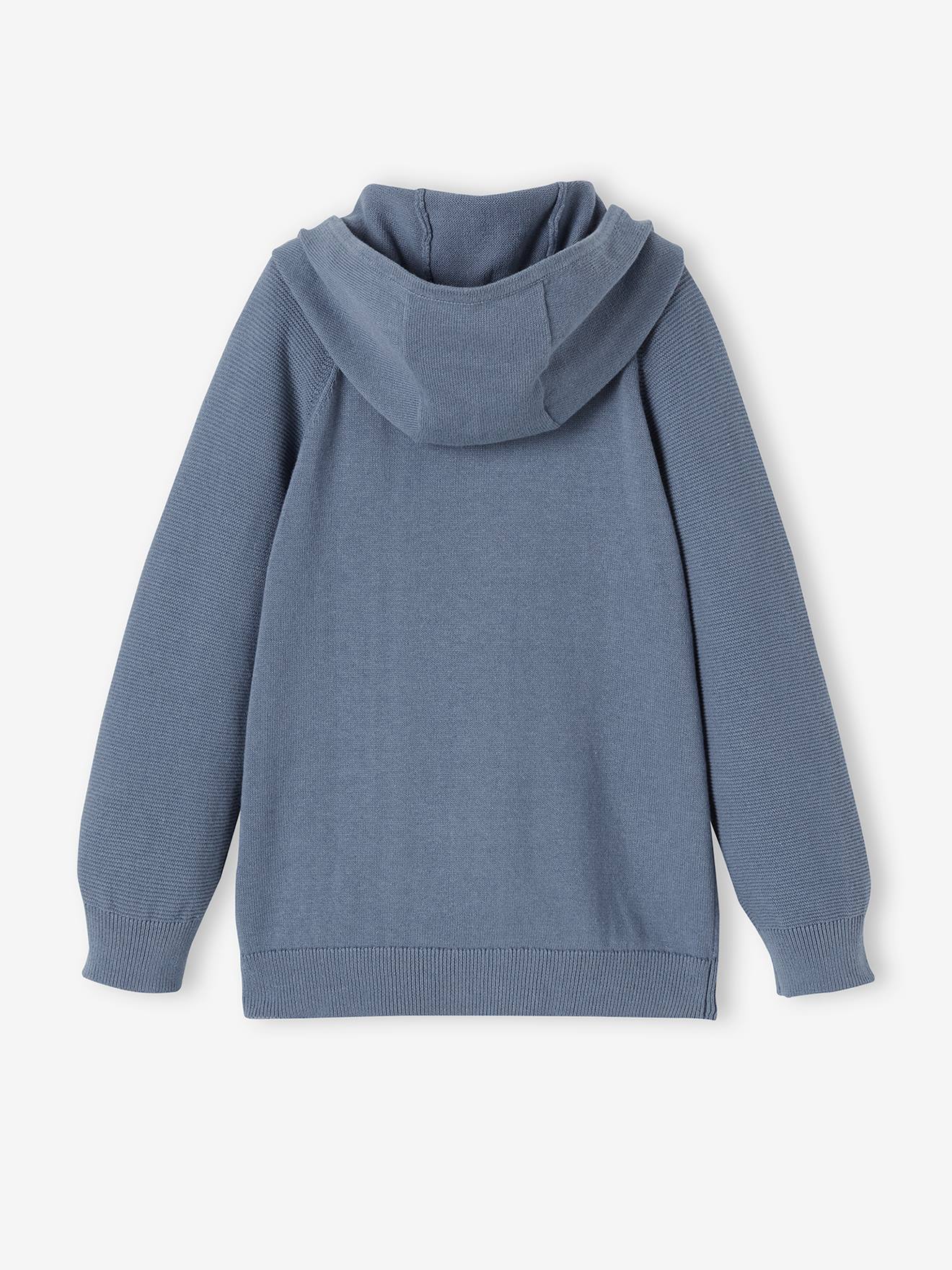 Cardigã com capuz e bojo, para meninos, azul liso com estampas.