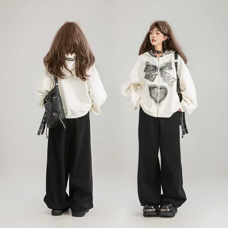 Keiko Girl - Oversized hoodie met capuchon en strikprint, met verlaagde schouders en ritssluiting / Midi-A-lijn rok met franjes en middelhoge taille