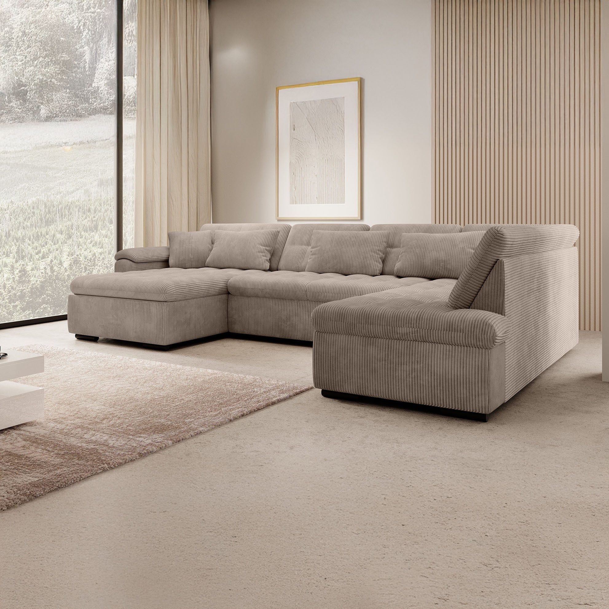 Nicoreta - Hoekbank 5-zits met chaise longue - Ribstof bruin - Links