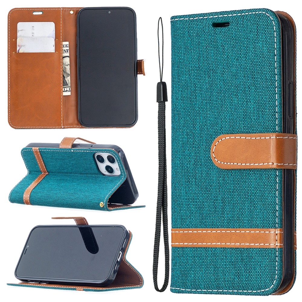 iPhone 12 / iPhone 12 Pro Stoff Tasche im Jeans Look mit Kartenfach   Magnetverschluss - Grün / Braun