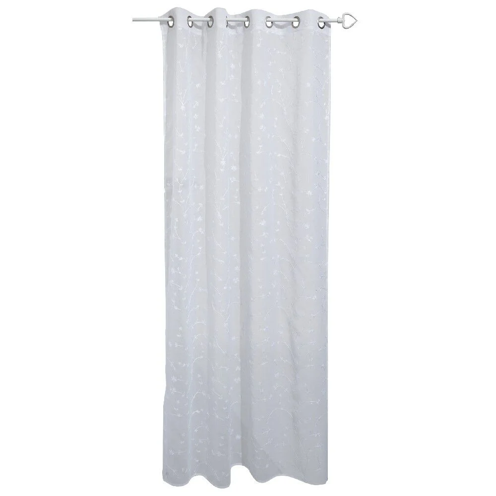 Voilage à oeillets motif brodé fleur blanc