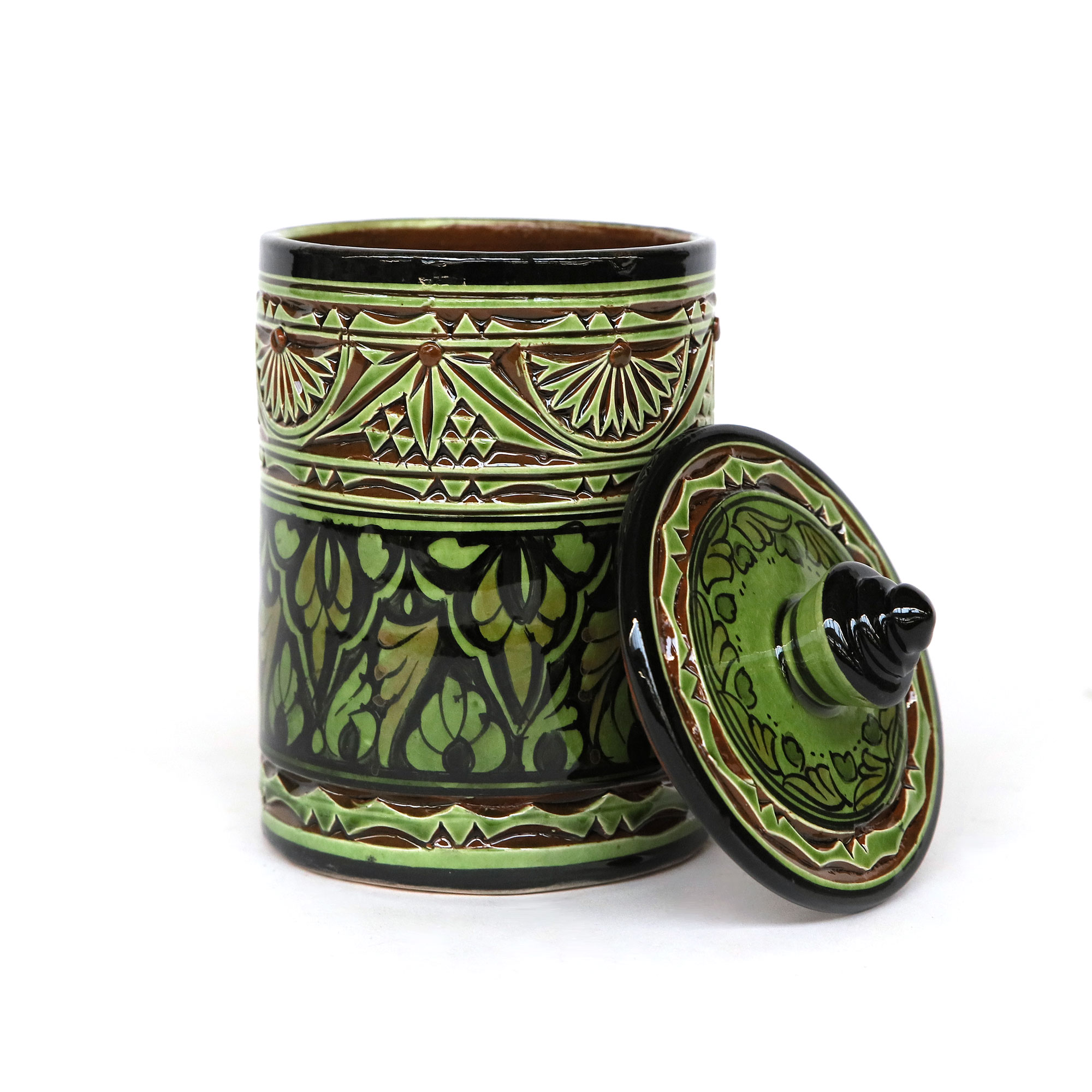 Deckelbehälter mit Prägung, grün, H 14 cm, Ø 10 cm von fischer's lagerhaus