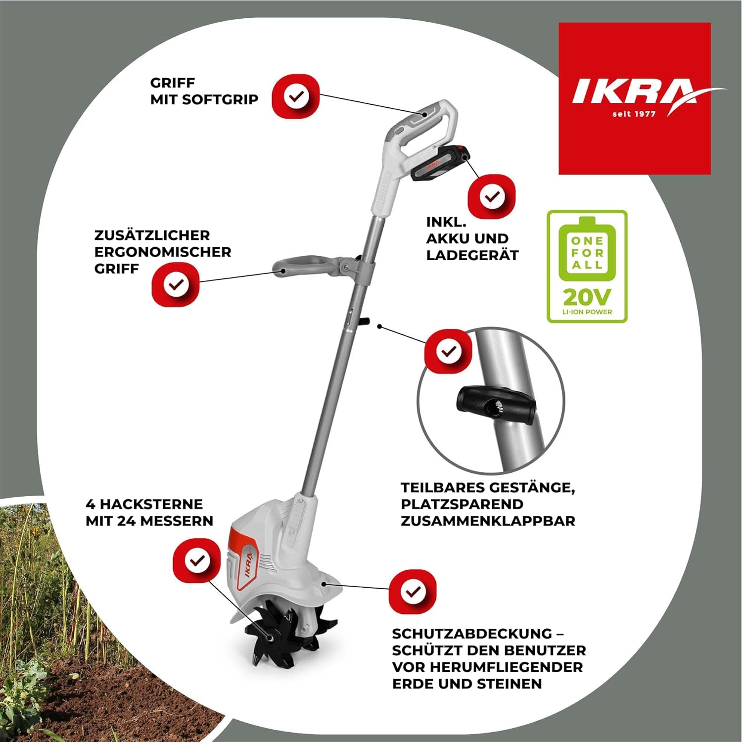 IKRA Akku Bodenhacke IAMH 20, Arbeitsbreite 19cm, Arbeitstiefe bis 15,5cm, Laufzeit max. 30 Minuten, inkl. Akku & Ladegerät