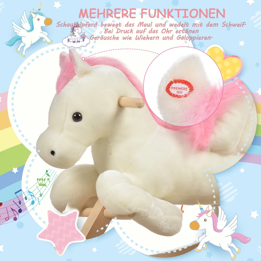 HOMCOM Schaukelpferd mit Tiergeräusche weiß, rosa