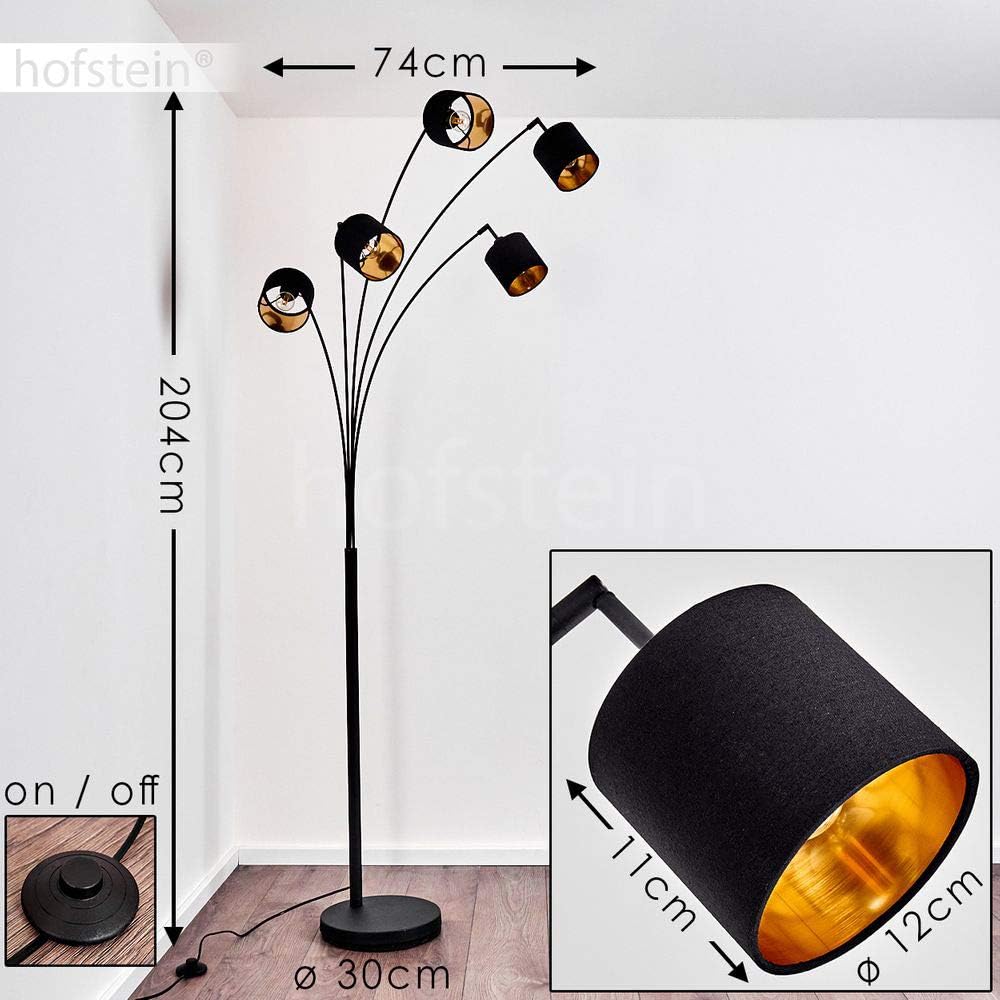 Stehlampe Alsen, moderne Stehleuchte aus Metall/Stoff in Schwarz/Gold, 5-flammig, 5 x E14, Höhe 204 cm, Bodenlampe mit verstellbaren Textil-Schirmen und Fußschalter am Kabel, ohne Leuchtmittel