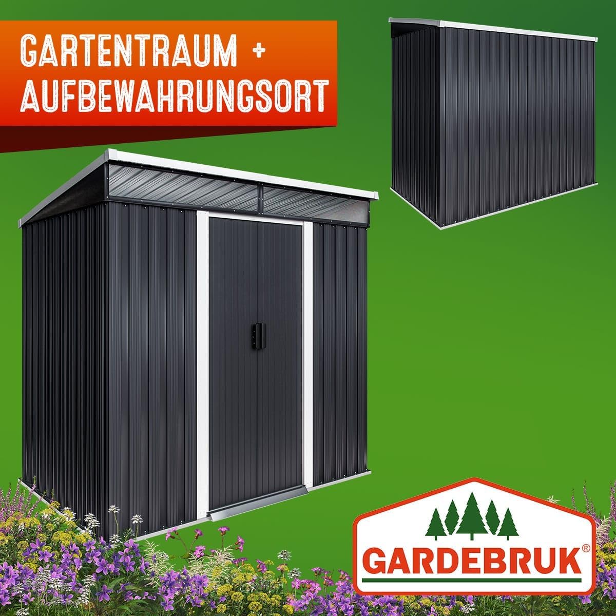GARDEBRUK® L Metall Gerätehaus 2m² mit Fundament 200x125x180cm 2 Fenster Anthrazit Geräteschuppen Gartenhaus 4m³