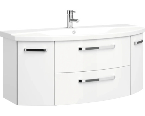 Badkamermeubelset Pelipal serie 4010, afmetingen (B x H x D): 122 x 200 x 48 cm, frontkleur: hoogglans wit. 4-delige badkamermeubelset bestaande uit een keramische wastafel in wit, een keramische wastafelkast en een spiegelkast met ledverlichting.