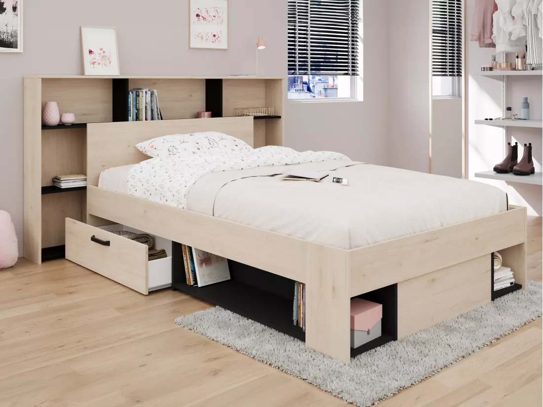 Tête de lit avec rangements 140 cm - Coloris : Naturel et noir - KINSELIA