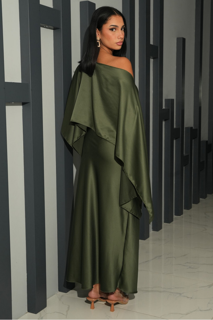 Robe 2 pièces bustier + poncho satiné kaki