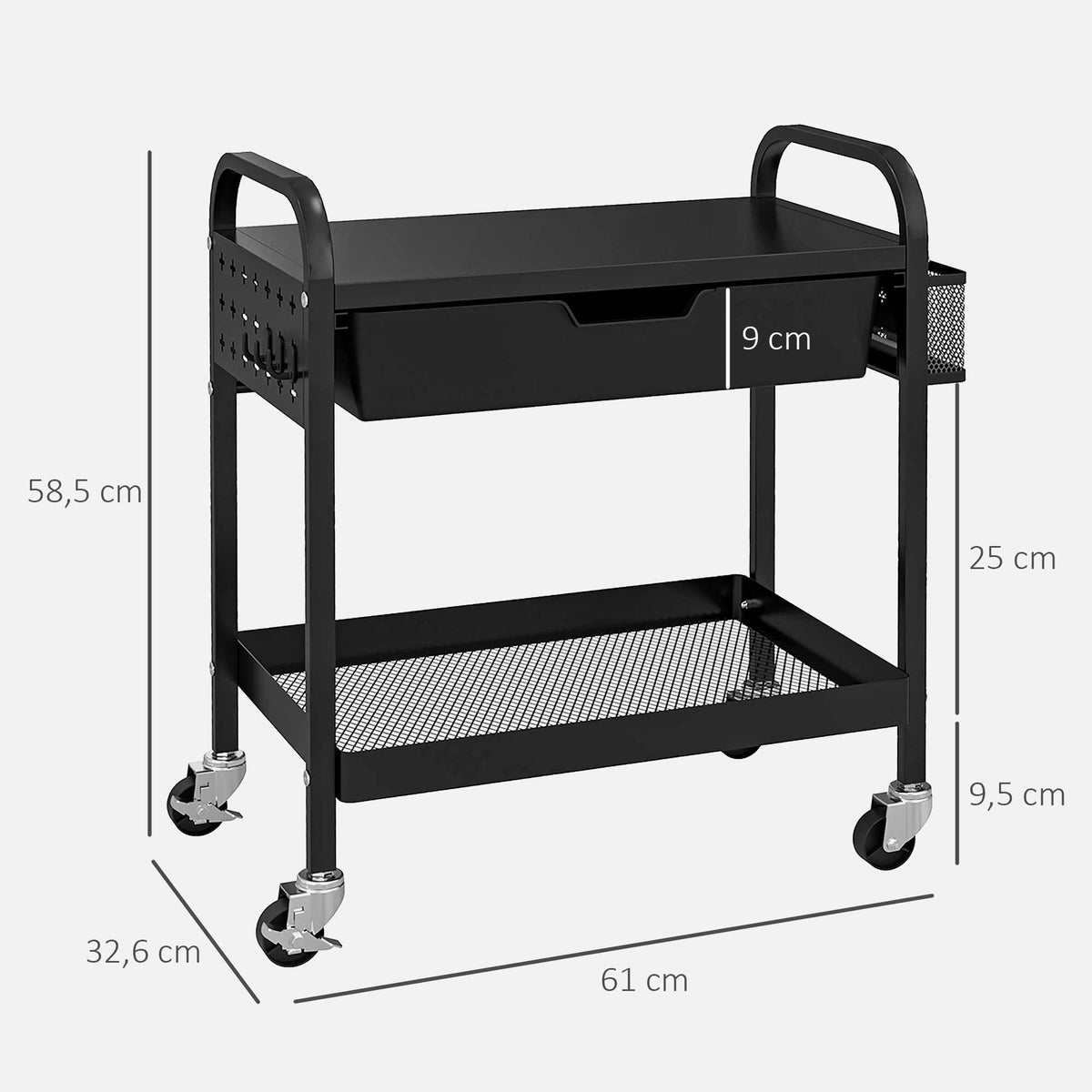 HOMCOM Serveerwagen, Rolwagen met 1 Lade, 1 Plank, Opbergwagen, Bijzettafel met Haken, Keukenwagen voor Keuken, Woonkamer, Staal, Zwart