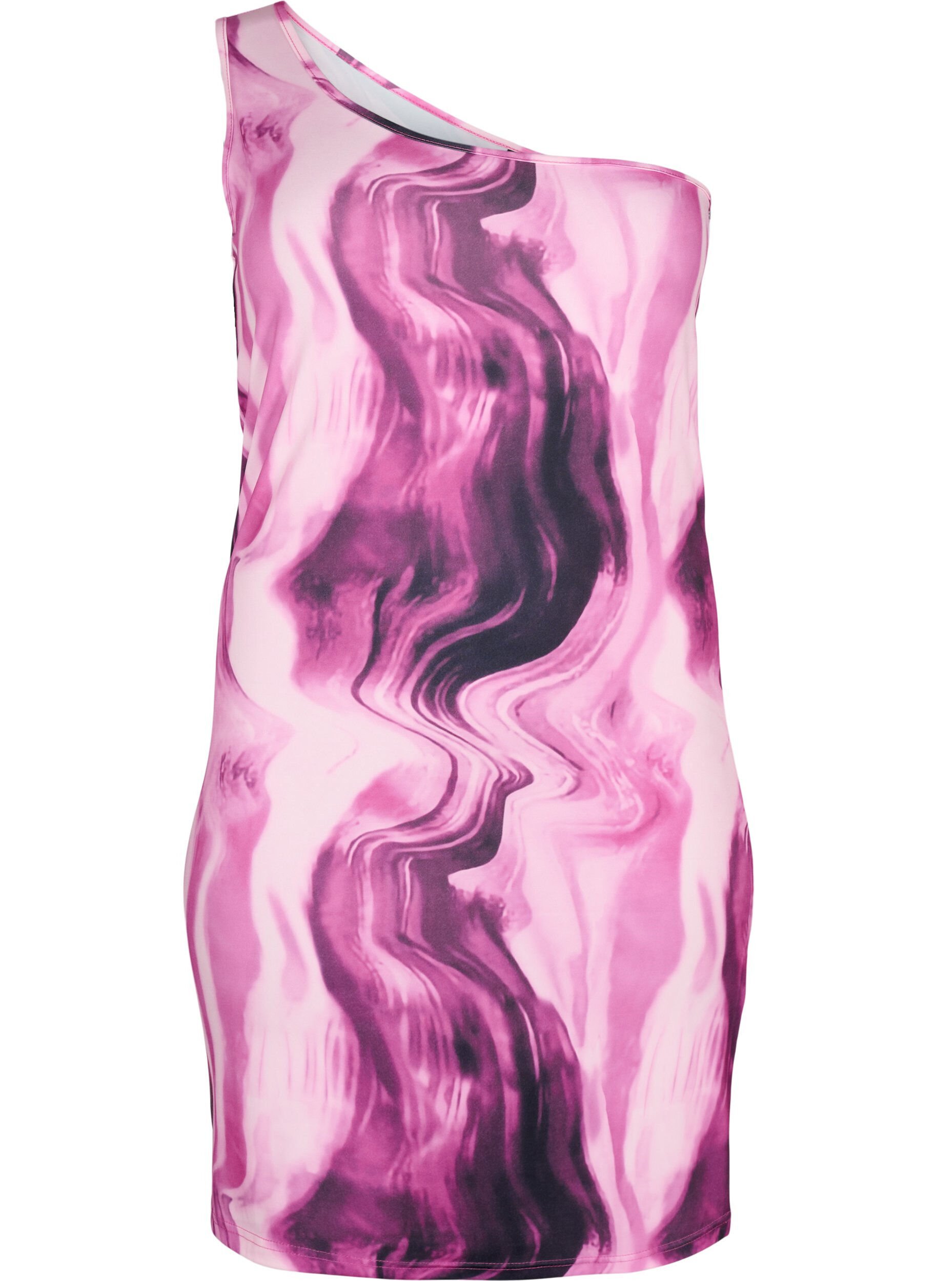 Tætsiddende one-shoulder kjole med print