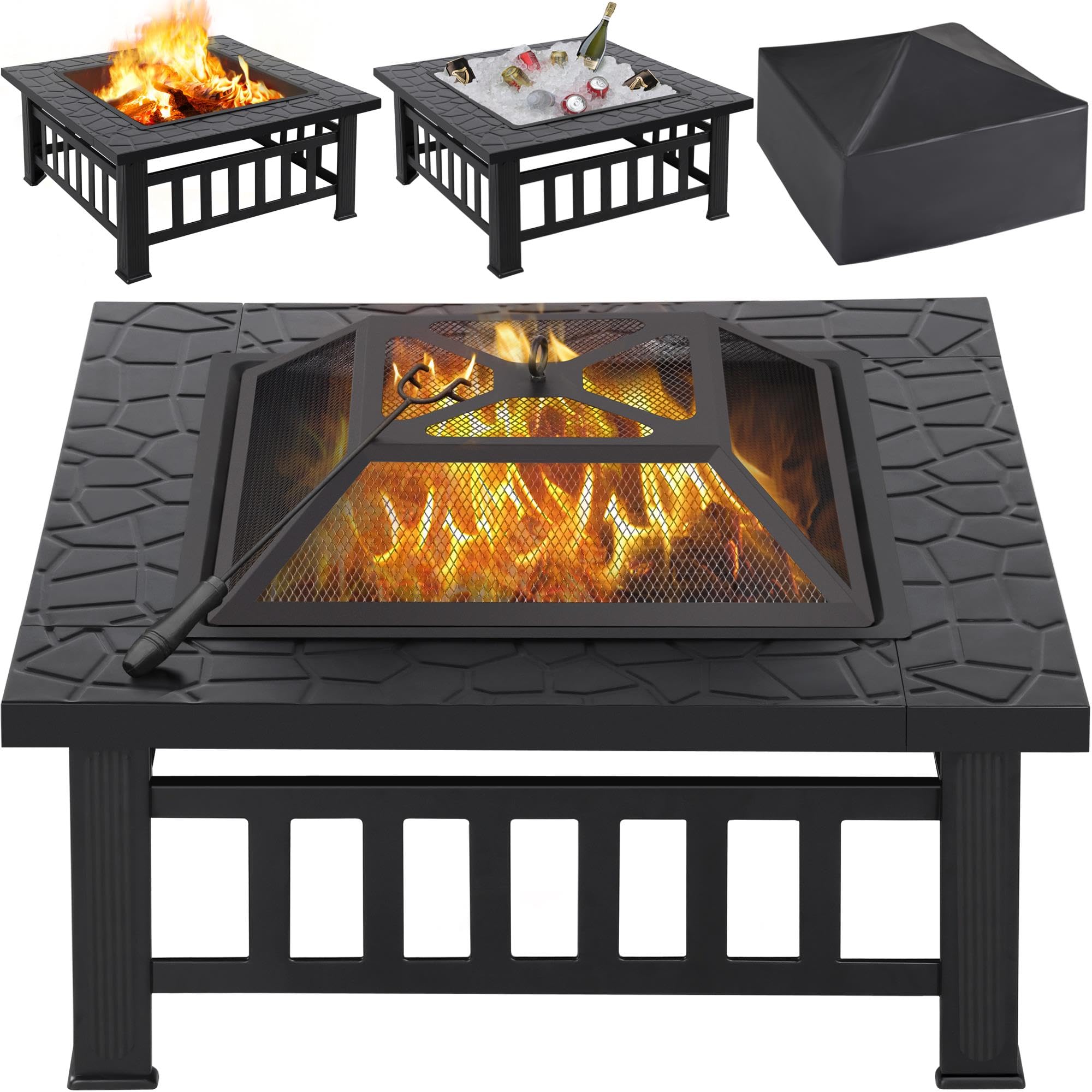 Yaheetech Brasero Extérieur 3 en 1 Carrée Multifonctionnelle 81x81x50cm pour Terrasse Balcon Poêles à Bois avec Couverture en Maille Poker Noir