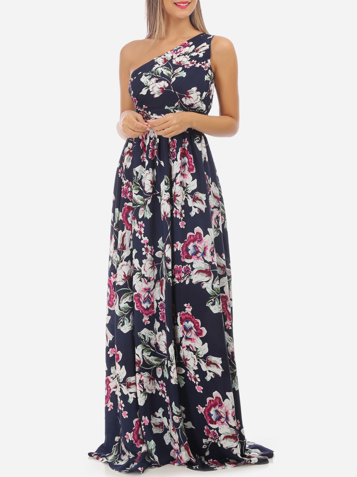 Robe longue asymétrique fleurie- Bleu marine