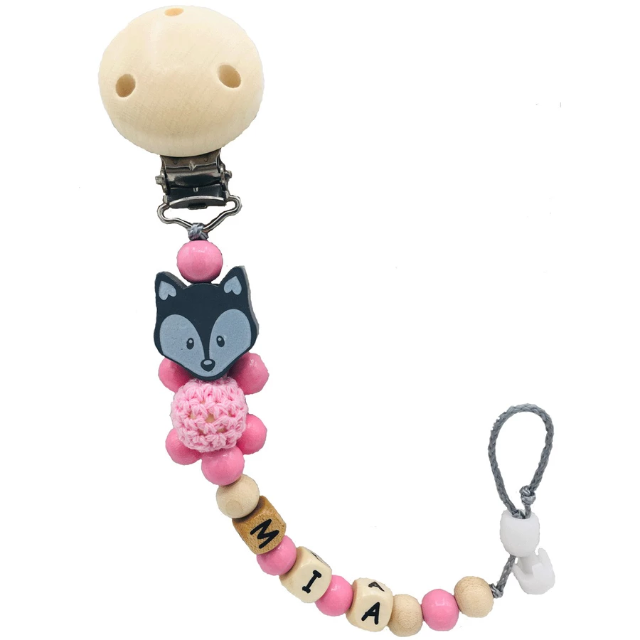 Schnullireich Schnullerkette mit Namen Fuchs Natur (Holz) Rosa
