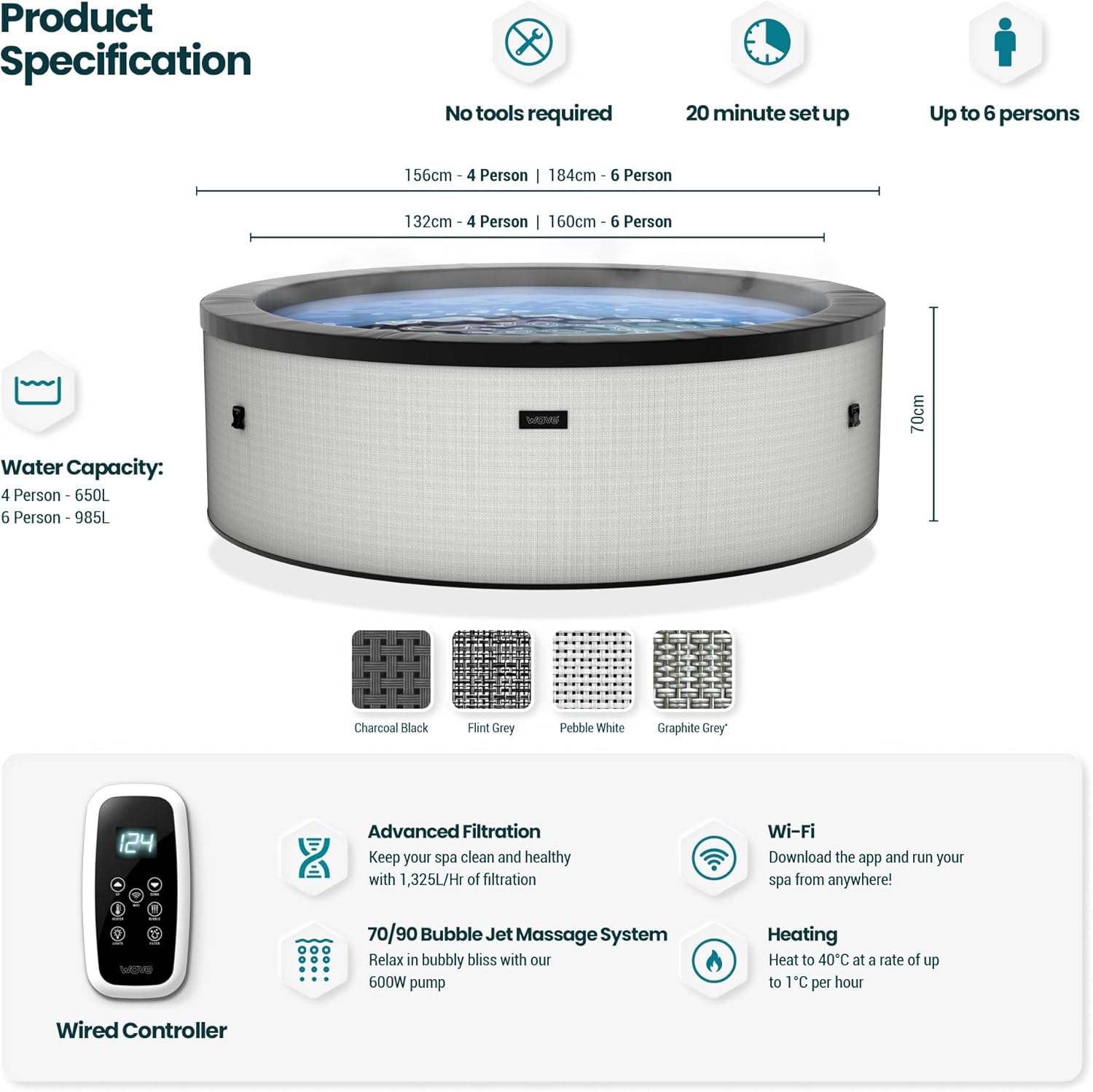 Wave Eco Foam Spas | Tragbarer Outdoor-Hot Tub mit schneller Aufheizung | Strapazierfähiges PVC-Material | Einfacher Aufbau (Tahoe, 6 Personen | Graphitgrau)