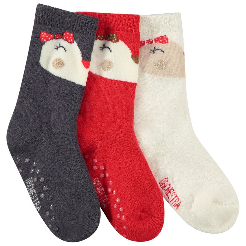Lot de 3 paires de chaussettes antidérapantes print pingouin pour fille - Rouge