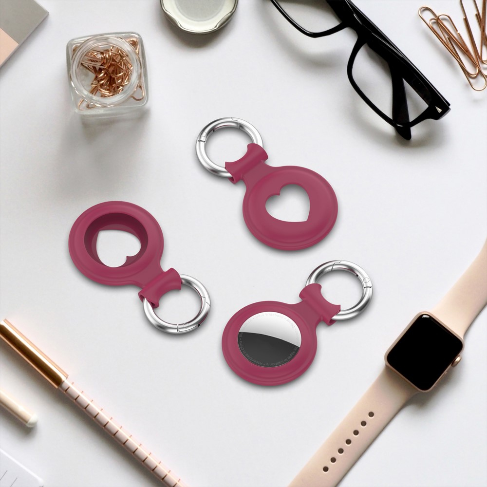 Apple AirTag Anhänger Silikon Case Hülle Herzausschnitt Schlüsselanhänger mit Schlüsselring - Weinrot