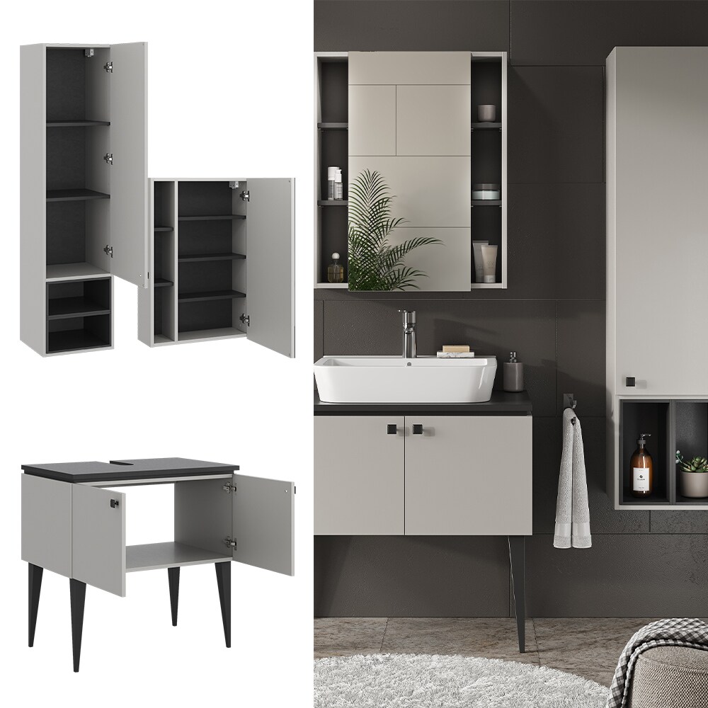 Vicco Badmöbel-Set Gerta in Grau-Schwarz, Badezimmer-Set, moderne Badserie, Spiegelschrank, Waschbeckenunterschrank, Hängeschrank mit 1 Tür