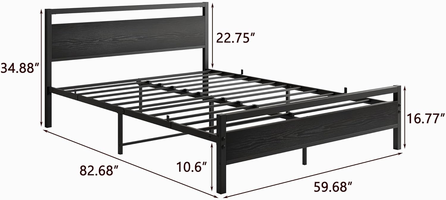 HOJINLINERO Kingsize-Bettgestell mit Kopfteil aus Holz, schwarzes Metallbettrahmen, Kingsize-Basis, solide Plattform-Metalllattenstütze und Stauraum unter dem Bett, Schlafzimmermöbel für Erwachsene,