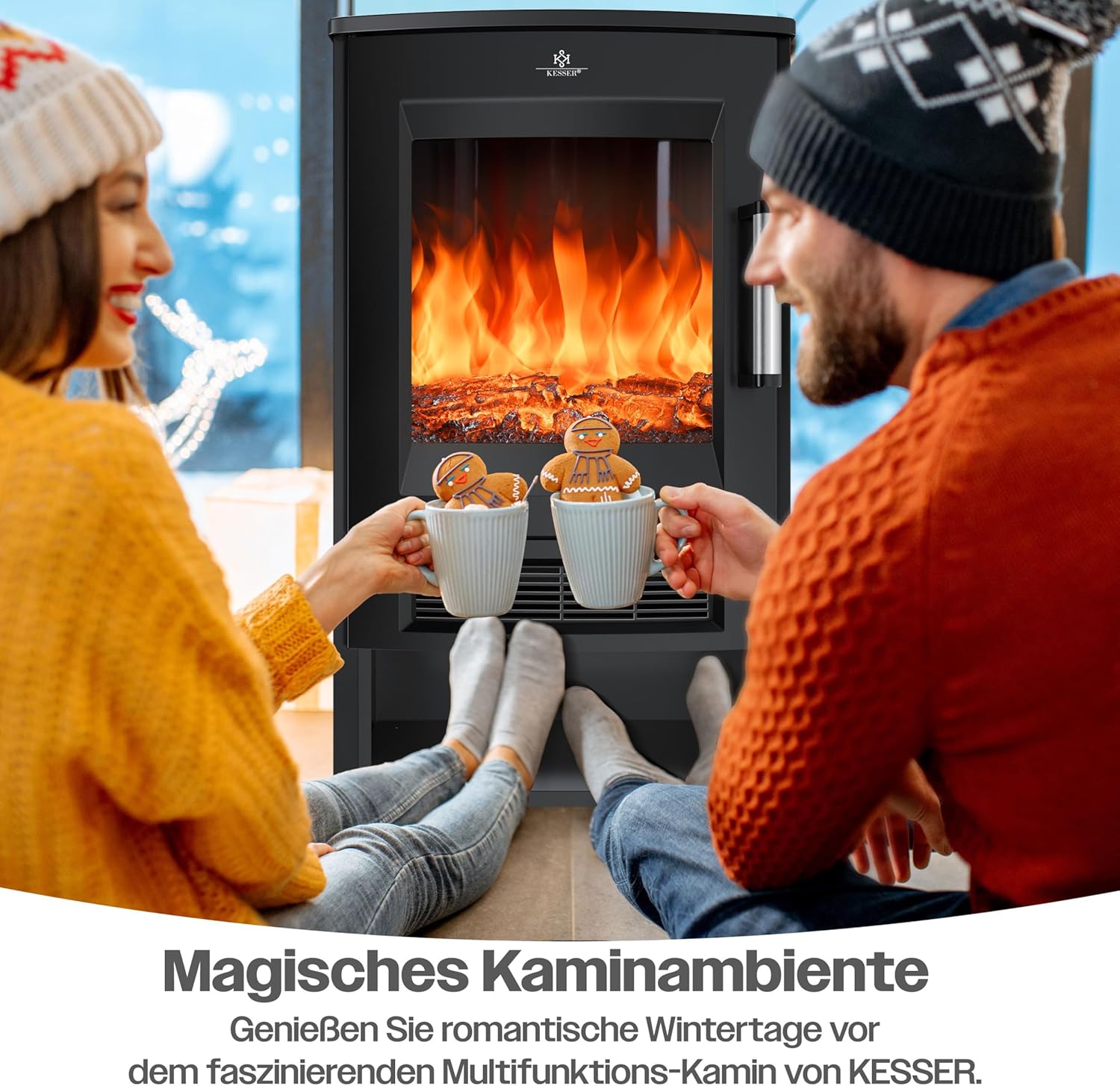 KESSER® Elektrokamin mit Heizung Panorama-Sichtfenster Heizlüfter 9 LED-Flammeneffekt Farbmodi Fernbedienung WiFi App 900/1800W Kaminfeuer elektrisch mit Thermostat Heizfunktion Timer