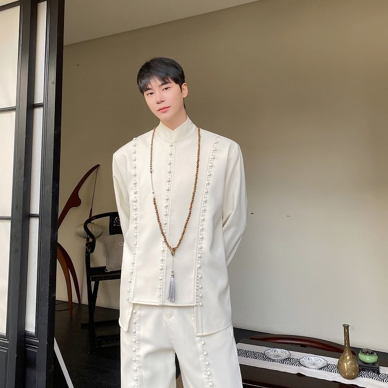 Patow - Set: Overhemd met lange mouwen, opstaande kraag, effen paneel, meerdere knopen + rechte broek met middelhoge taille en split