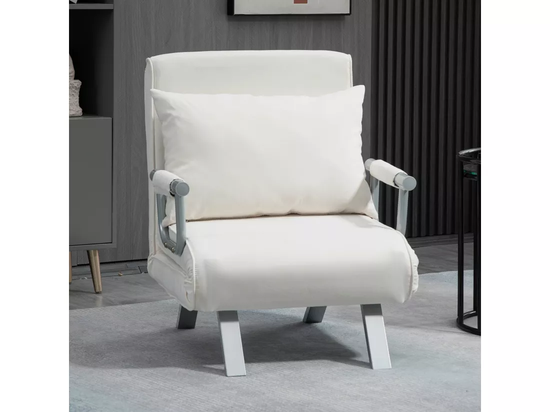 Fauteuil chauffeuse canapé-lit convertible 1 place déhoussable grand confort coussin pieds accoudoirs métal suède crème