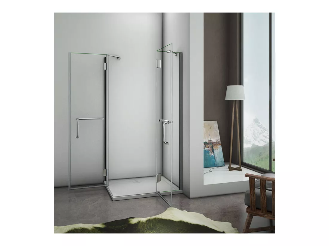 Cabine de douche battante 100x90x190cm porte de douche pivotante à charnière en 8mm verre securit anticalcaire, poignée en inox