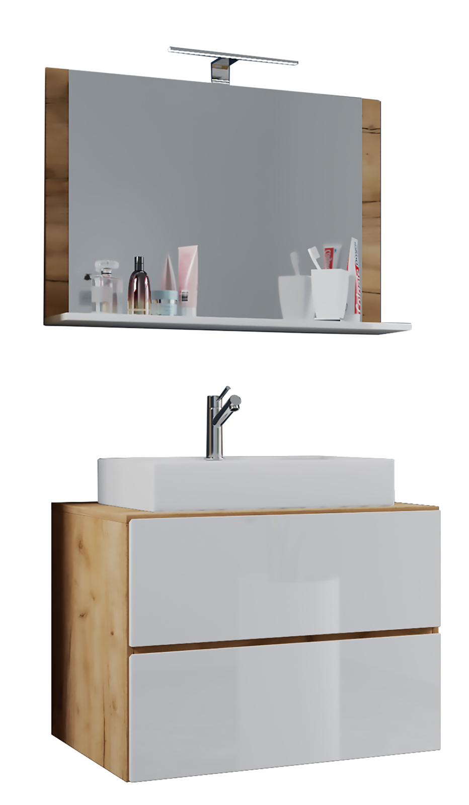 3-teiliges Bademöbel-Set LENDAS M - Honig-Eiche-weiß - 80 cm - mit Spiegel
