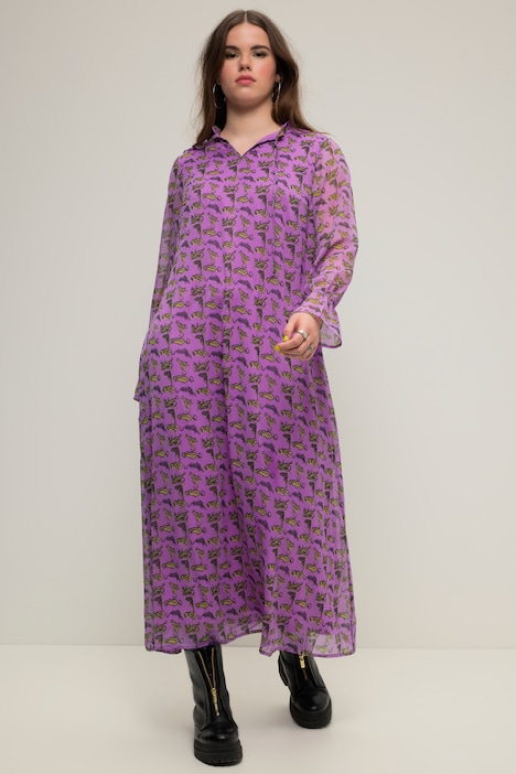 Maxikleid, A-Line, Chiffon, Tiger-Print, Volants, Rüschenkragen, Langarm