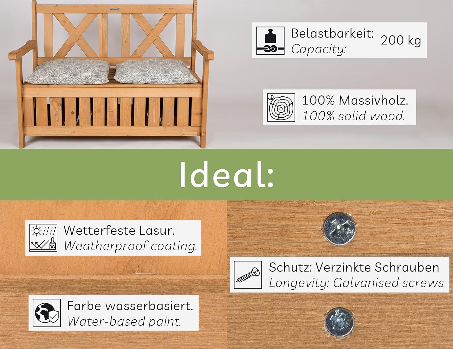 needs&wants für Dich NEU Holz-Gartenbank mit Stauraum und Abdeckung (Oxford 600D) sucht neues zuhause.