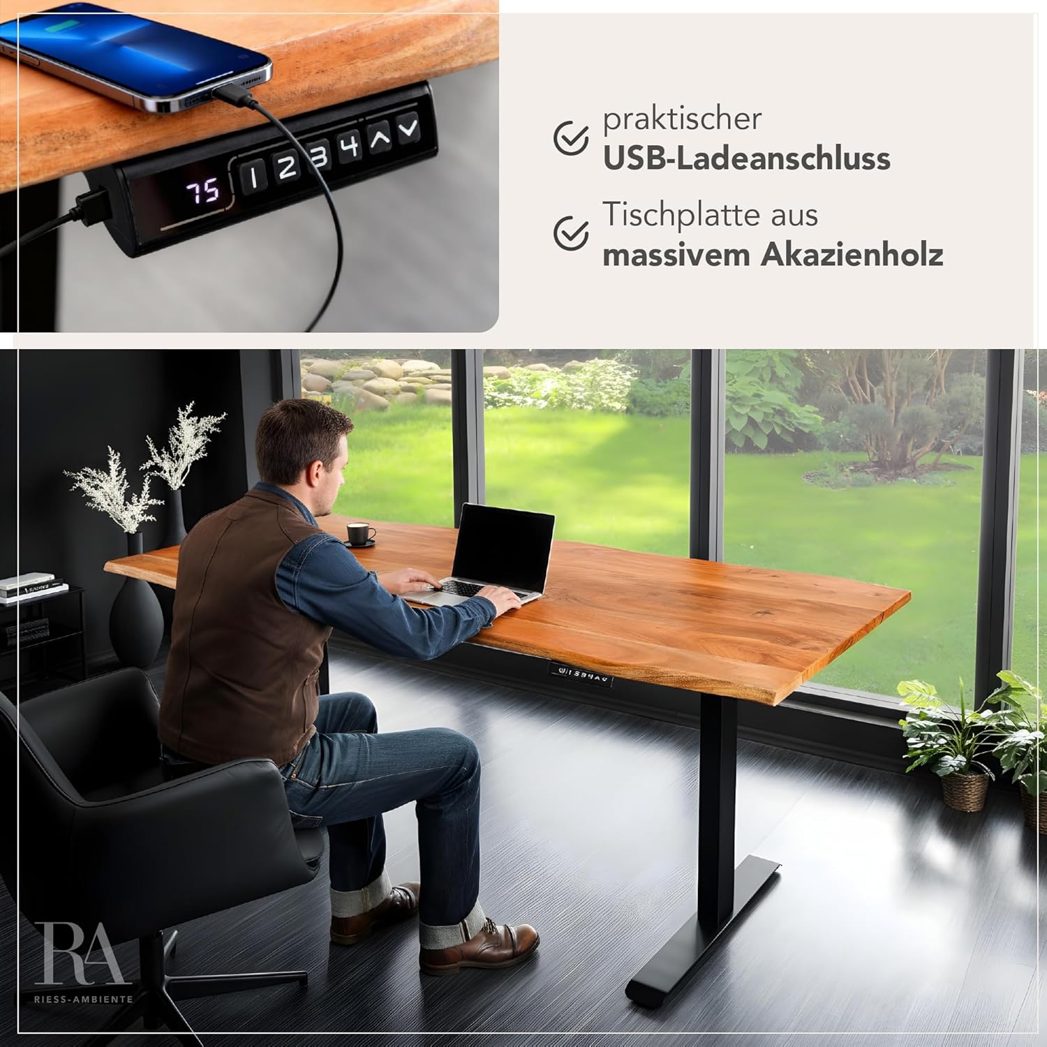 Riess Ambiente Höhenverstellbarer Schreibtisch Mammut - 160cm - Natur schwarz - Akazie Massivholz - elektrisch Baumkante