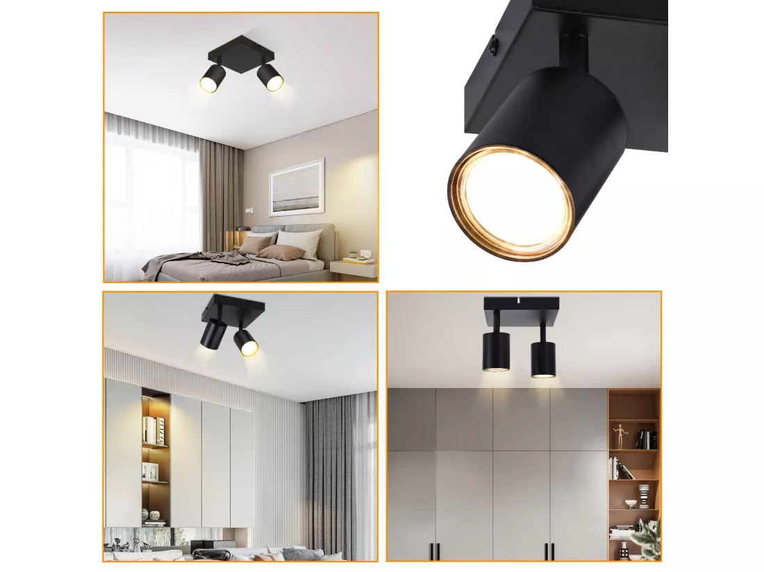 NETTLIFE Spot de plafond salon 2 ampoules noir GU10 plafonnier pivotant spot intérieur moderne pour chambre cuisine