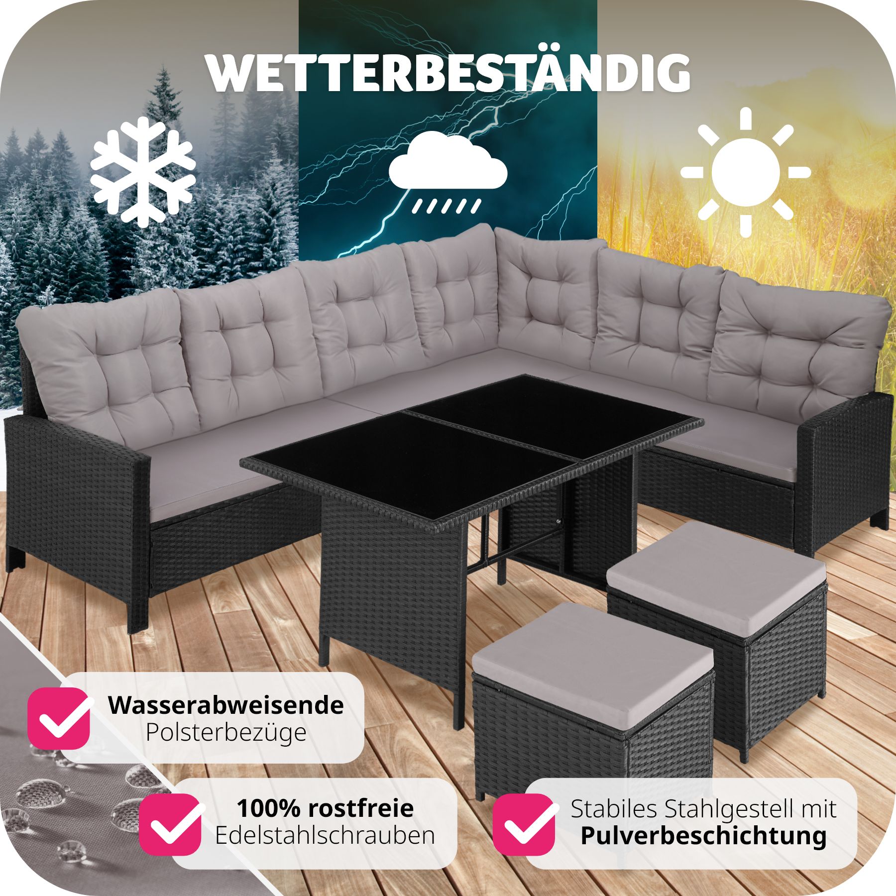 tectake® Rattan Lounge, für 6 bis 8 Personen, UV-beständig, mit Sicherheitsglasplatten