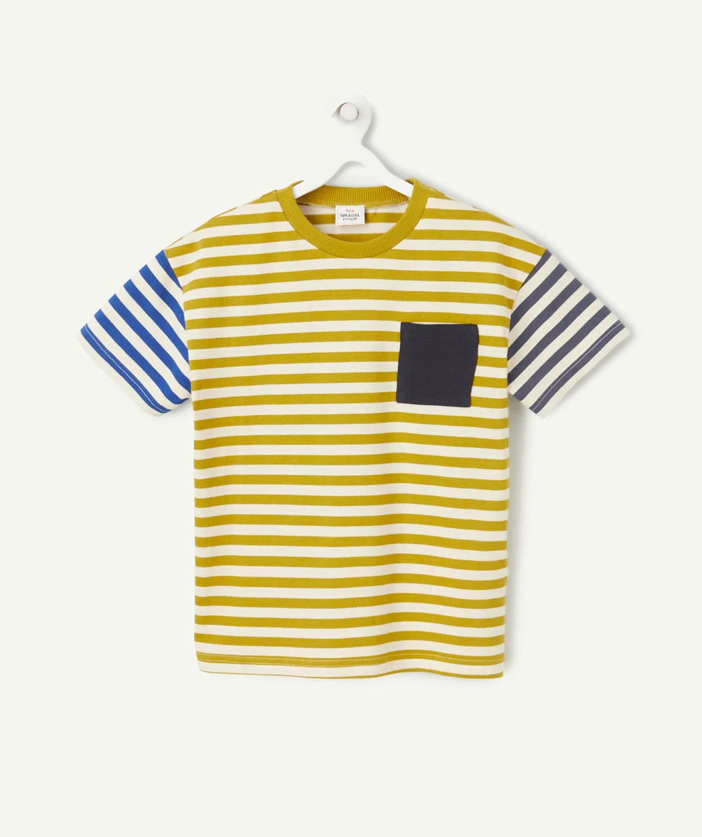 T-SHIRT MANCHES COURTES GARÇON EN COTON BIO À RAYURES VERT ÉCRU ET BLEU