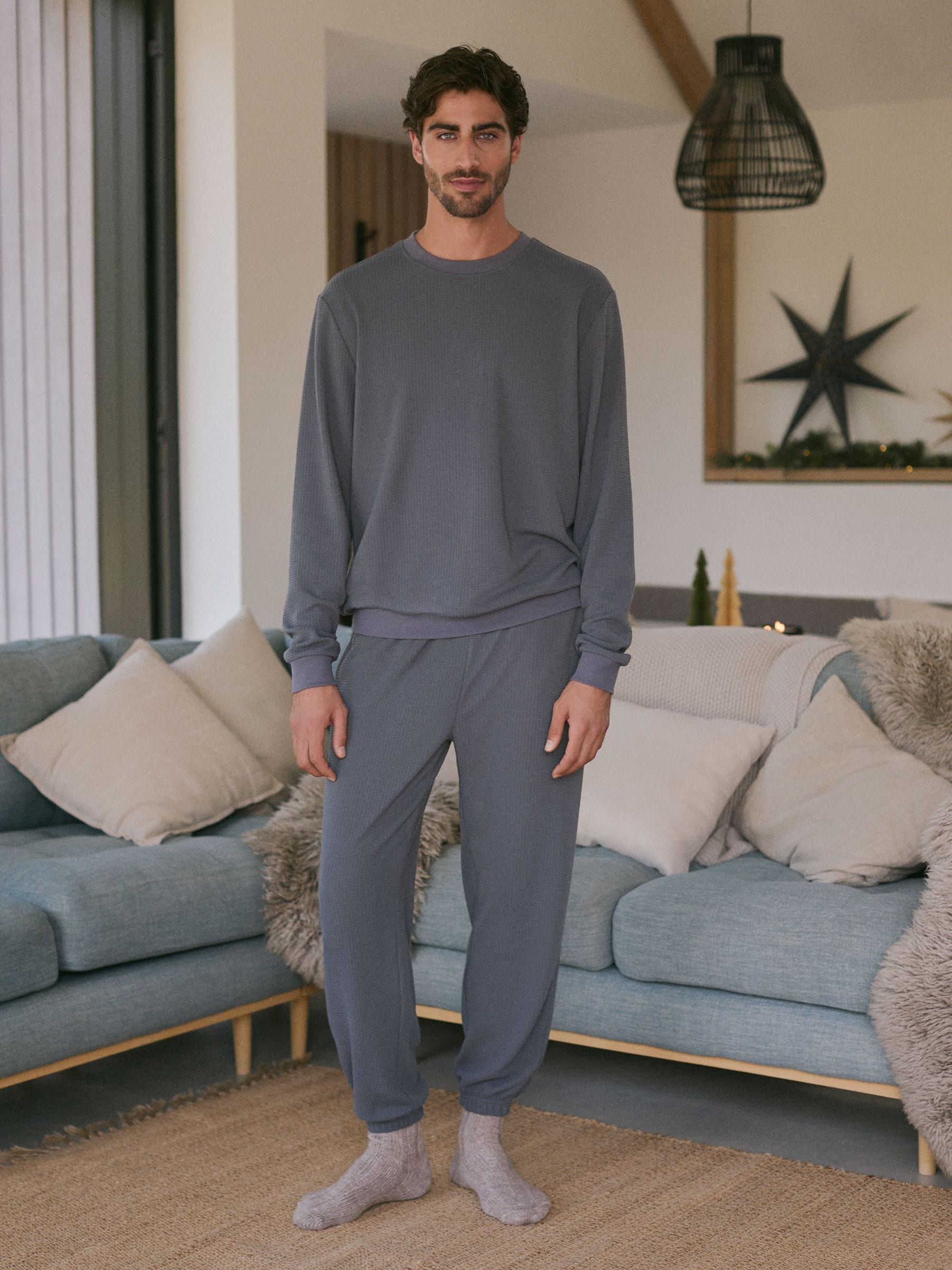 Leisteen grijs - Zachte pyjama met top met wafeldessin en lange mouwen
