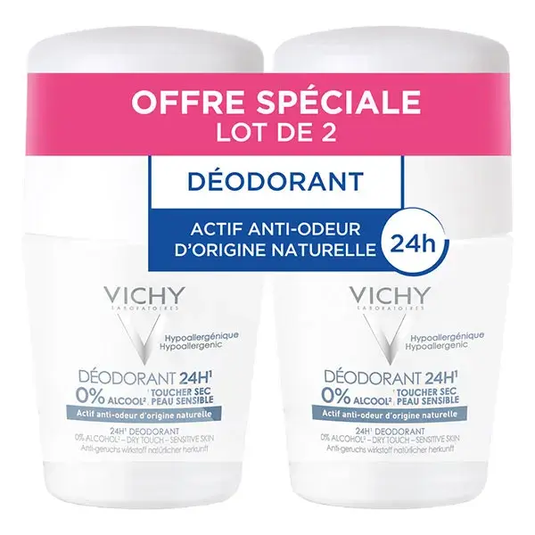 Desodorante Roll-On Vichy 24h Dry Touch, Pacote com 2 x 50ml