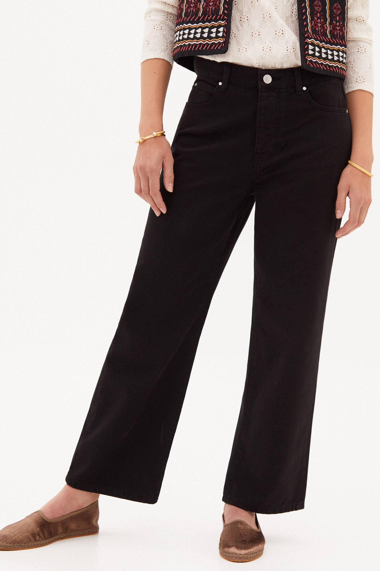 Calça jeans Jimena de perna larga - Preta
