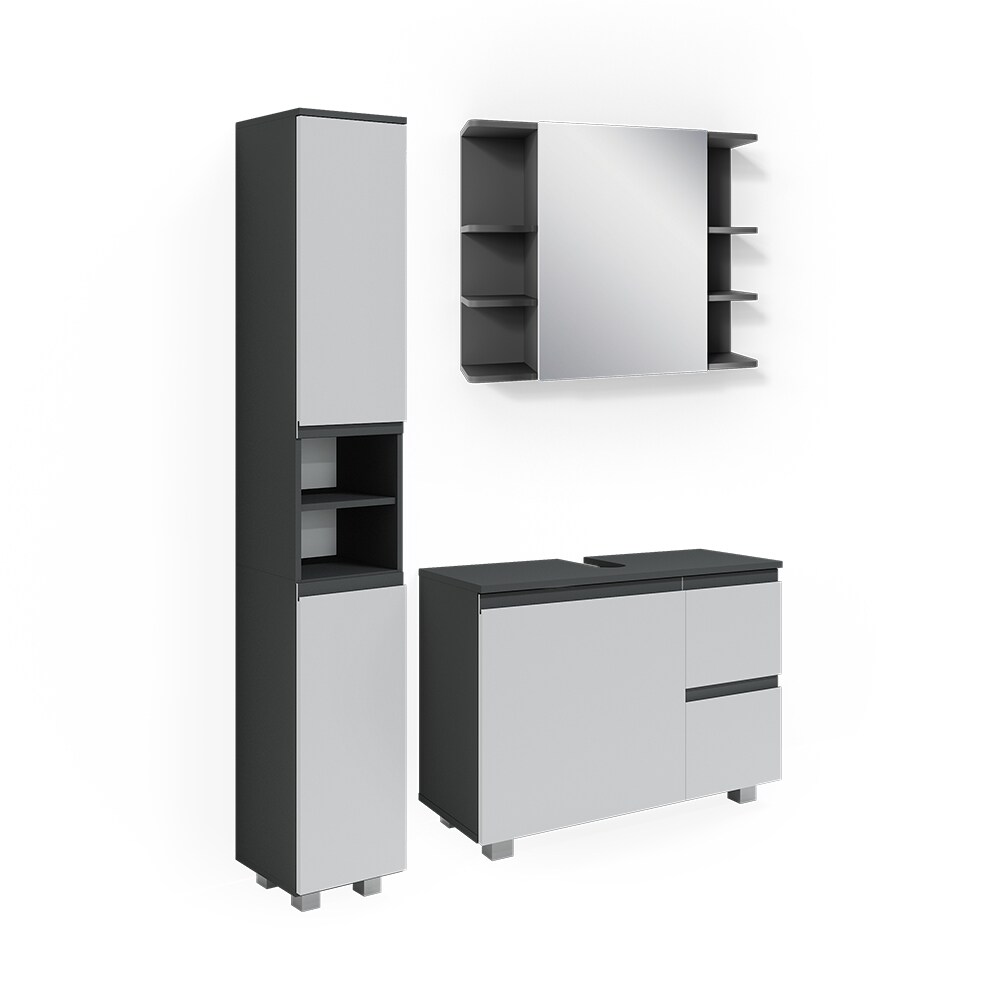 Vicco Badmöbelset J-shape Anthrazit Weiß modern Badezimmer Schrank Badschrank Waschtischunterschrank Spiegelschrank Hochschrank Schranktür Schrankschublade Schrankfach Ablage Aufbewahrung